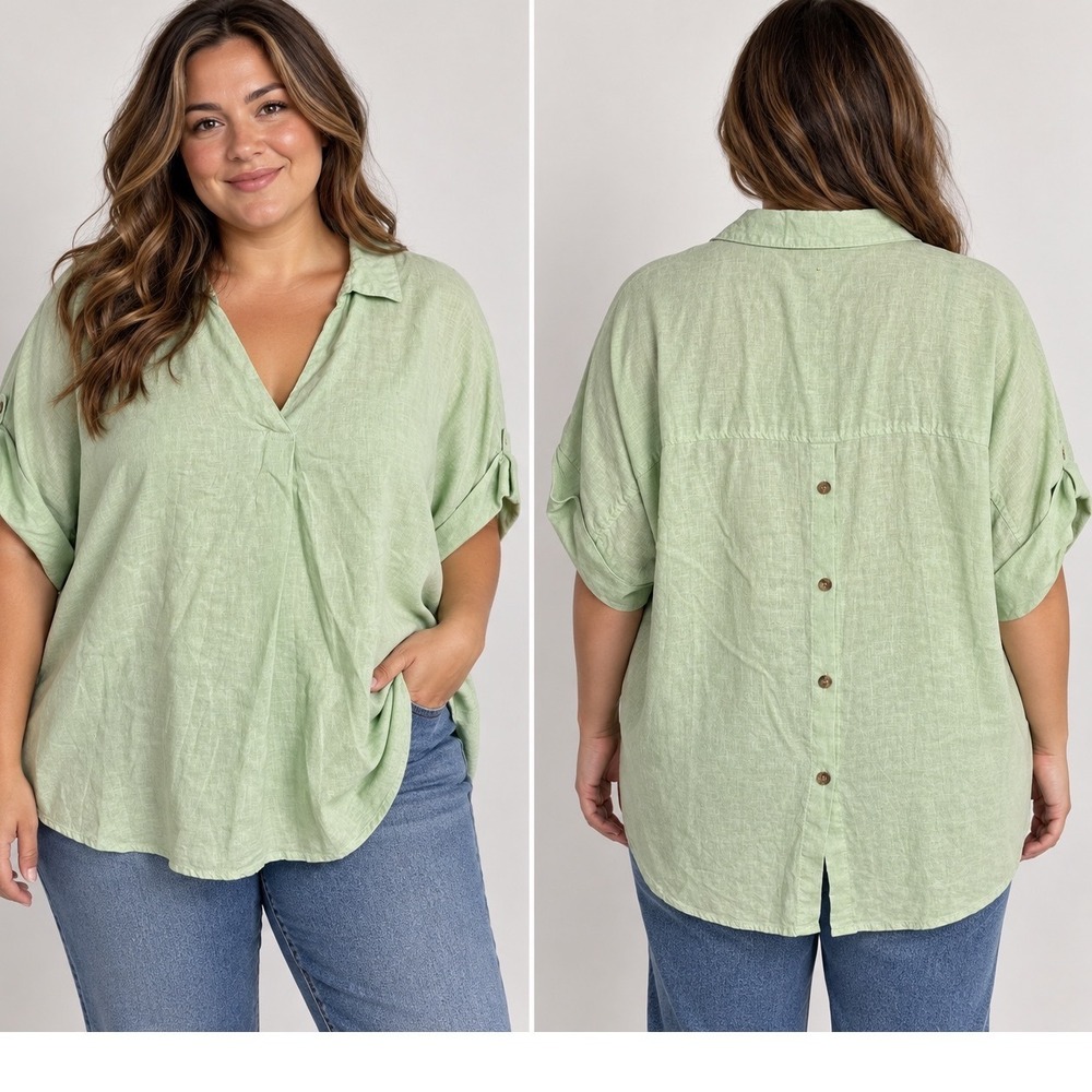 Cato Green Linen Blend Oversized Tunic Blouse XL Button Back Coastal Boho
